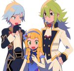  1girl 2boys :d bangs bare_shoulders black_gloves black_pants blue_dress blue_hairband blush buttons commentary_request dress elbow_gloves eyelashes gloves green_eyes green_hair grey_eyes grey_hair hairband hand_up highres jacket lillie_(pokemon) long_hair long_sleeves multiple_boys n_(pokemon) official_alternate_costume open_mouth pants pokemon pokemon_(game) pokemon_masters_ex shirt short_hair smile steven_stone tailcoat tyako_089 white_gloves white_jabot white_jacket white_shirt 