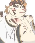  2021 absurd_res anthro belly blush clothing cute_fangs felid hi_res humanoid_hands jamiephut kemono licho_(tas) lifewonders male mammal overweight overweight_male pantherine solo tiger tokyo_afterschool_summoners undressing video_games white_body 