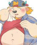 2021 anthro babe_bunyan belly black_nose blush bovid bovine cattle clothing cute_fangs hat headgear headwear hi_res humanoid_hands jamiephut kemono lifewonders male mammal navel overweight overweight_male shirt simple_background solo tokyo_afterschool_summoners topwear video_games white_background young 