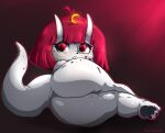  big_butt butt demon demon_humanoid female grey_body grey_skin hair hi_res horn horned_humanoid huge_butt humanoid looking_at_viewer looking_back lying not_furry on_side rear_view red_eyes red_hair short_stack solo superbinario thick_tail thick_thighs unknown_species 