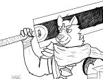  absurd_res adastra adastra_(series) amicus_(adastra) anthro armor berserk black_and_white canid canine canis echo_project hi_res male mammal melee_weapon monochrome simple_background smile smirk solo sword video_games visual_novel warc weapon wolf 