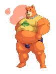  2021 absurd_res animal_crossing anthro belly blush bulge clothing eyes_closed hi_res kemono male mammal navel nintendo orange_body overweight overweight_male qmdk1234 shirt simple_background solo teddy_(animal_crossing) topwear underwear ursid video_games 