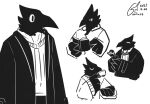  anthro avian black_body black_fur book clothing container cup deltarune drinking eyes_closed flower fur hi_res holding_object ivxair3p male plant reading reading_book simple_background solo suit swatch_(deltarune) swatchling sweater topwear undertale_(series) video_games white_background 