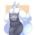  anthro apron apron_only arizonathevixen belly big_belly big_breasts blue_eyes blue_hair blush breast_squish breasts bulge clothing ear_piercing english_text genital_outline gynomorph hair hi_res huge_breasts hyper hyper_breasts intersex lagomorph leporid looking_at_viewer mammal mostly_nude multicolored_body overweight overweight_anthro overweight_gynomorph overweight_intersex penis_outline piercing rabbit solo squish text thick_thighs tristan_(bluebunboi) two_tone_body wide_hips 
