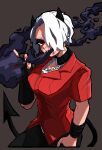  1girl absurdres bonbrother3 cigarette demon_girl demon_horns demon_tail helltaker highres horns red_shirt shirt smoking tail white_hair zdrada_(helltaker) 