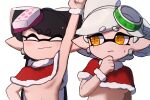  +_+ 2girls arm_up armpits bangs black_hair blush breasts callie_(splatoon) capelet christmas closed_mouth commentary_request cousins earrings eyebrows_visible_through_hair food food_on_head frown fur-trimmed_capelet fur_trim grey_hair hand_on_own_chest jewelry long_hair looking_at_another marie_(splatoon) mole mole_under_eye multiple_girls naked_capelet object_on_head open_mouth orange_eyes pointy_ears red_capelet santa_costume short_hair side-by-side simple_background small_breasts smile splatoon_(series) sushi sweatdrop swept_bangs tentacle_hair tied_hair underboob white_background wuju_(1198979953) 