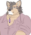  anthro brown_body brown_fur canid canine canis clothing crystal domestic_dog dress_shirt eyewear fur glasses jewelry lifewonders live-a-hero male mammal mature_anthro mature_male necklace pubraseer raio_owo shirt solo topwear video_games 