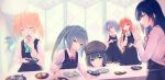  6+girls arare_(kancolle) arashio_(kancolle) asashio_(kancolle) banned_artist black_dress black_hair blush brown_hair closed_eyes double_bun dress eating eyebrows_visible_through_hair food grey_hair hair_ribbon hat indoors kantai_collection kasumi_(kancolle) light_brown_hair long_hair michishio_(kancolle) multiple_girls ooshio_(kancolle) open_mouth pinafore_dress plate remodel_(kantai_collection) ribbon school_uniform shirt short_hair short_twintails side_ponytail silver_hair table tsunano_(koi_pink) twintails white_shirt 