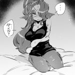 1:1 animal_humanoid bed blush bottomwear clothing ear_fins female fin fish fish_humanoid furniture holding_arms humanoid japanese_text kneeling looking_at_viewer marine marine_humanoid monochrome nuba_ball on_bed pants pupils shirt sitting sitting_on_bed slit_pupils solo tank_top text topwear translation_request undertale_(series) undyne 