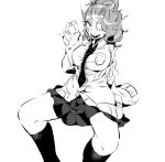  animal_humanoid bottomwear clothing ear_fins eye_patch eyewear female fin fish fish_humanoid humanoid legwear marine marine_humanoid monochrome monotone_background nuba_ball sharp_teeth shirt shirt_pocket sitting skirt solo stockings sweater teeth topwear undertale_(series) undyne 