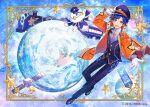  1boy :d astel_leda bangs blazer blue_eyes blue_hair framed full_body gloves ground_vehicle hanagata hand_on_headwear hat holostars jacket long_sleeves looking_at_viewer necktie open_clothes open_jacket open_mouth orange_jacket peaked_cap planet red_necktie satellite shirt shoes smile solo star_(sky) star_(symbol) train virtual_youtuber white_gloves white_shirt 