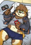  2021 anthro bed brown_body brown_fur bulge canid canine canis cellphone clothing detailed_background domestic_dog eating eyewear food fur furniture glasses green_eyes hi_res humanoid_hands kemono lying male mammal navel overweight overweight_male phone pillow pocky reddo12340 smartphone solo underwear young 