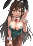  1girl animal_ears black_hair blush breasts brown_eyes brown_legwear chikuma_(kancolle) cleavage collarbone commentary cowboy_shot detached_sleeves eyebrows_visible_through_hair fake_animal_ears green_leotard hair_between_eyes kantai_collection large_breasts leotard long_hair looking_at_viewer open_mouth pantyhose rabbit_ears simple_background smile solo toka_(marchlizard) white_background wrist_cuffs 