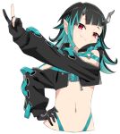  1girl akitetsu bangs belt beltbra black_gloves black_hair black_jacket blue_belt blue_hair blue_panties chest_belt closed_mouth clothing_cutout commentary_request cropped_jacket cross-laced_sleeves demon_girl demon_horns eyebrows_visible_through_hair fang flat_chest gloves hand_in_hair highleg highleg_panties horns jacket long_hair long_sleeves looking_at_viewer midriff multicolored_hair navel open_clothes open_jacket panties partially_fingerless_gloves pointy_ears red_eyes shishio_chris shoulder_cutout simple_background smile solo sugar_lyric transparent_background two-tone_hair underwear upper_body v virtual_youtuber 