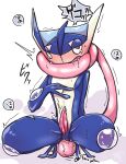  anal anthro blush bodily_fluids genital_fluids genitals greninja hi_res japanese_text licking male membrane_(anatomy) negoya nintendo open_mouth oral penis pok&eacute;mon pok&eacute;mon_(species) precum rimming self_lick sex solo tapering_penis text tongue tongue_out translation_request video_games webbed_feet webbed_hands 