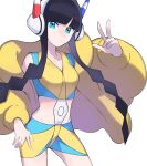  1girl aqua_eyes bangs bike_shorts black_hair blunt_bangs closed_mouth collarbone commentary_request cropped_shirt elesa_(pokemon) eyelashes fur_jacket hand_on_hip hand_up headphones highres jacket looking_at_viewer open_clothes open_jacket pokemon pokemon_(game) pokemon_bw2 shirt short_hair_with_long_locks sidelocks sleeveless sleeveless_shirt solo tyako_089 w yellow_jacket 