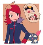  +++ 1girl 2boys black_jacket border ethan_(pokemon) eyebrows_visible_through_hair highres jacket long_hair long_sleeves looking_to_the_side lyra_(pokemon) multiple_boys open_mouth pokemon pokemon_(creature) pokemon_(game) pokemon_hgss purple_eyes red_hair silver_(pokemon) sneasel speech_bubble turtleneck turtleneck_jacket tyako_089 white_border 