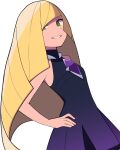  1girl alternate_color bangs bare_arms blonde_hair commentary_request diamond_(shape) dress eyelashes gradient_dress green_eyes hand_on_hip highres long_hair looking_to_the_side lusamine_(pokemon) parted_lips pokemon pokemon_(game) pokemon_masters_ex purple_dress smile solo tyako_089 