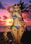  1girl absurdres american_flag_bikini animal_ears armpits artist_name ass_visible_through_thighs beach bikini bikini_pull blonde_hair blurry blurry_background breasts clothes_pull commission feet_out_of_frame flag_print fur furry furry_female hair_over_one_eye highres large_breasts leopard_ears leopard_girl leopard_tail looking_at_viewer navel original outdoors pgm300 photo_background pulled_by_self purple_eyes sky smile solo spotted_fur sun sunglasses sunset swimsuit tail toned tree watermark yellow_fur 