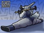  2021 anthro big_butt blue_eyes bottomwear butt canid canine canis clothing duase female fingerless_gloves footwear gesture gloves handwear hi_res holding_object holding_weapon mammal ok_sign ranged_weapon rocket_launcher shirt shoes shorts sneakers solo tank_top thick_thighs topwear weapon wolf 
