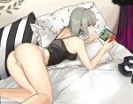  1girl ahoge ass bangs bare_shoulders bed black_shirt breasts camisole cape casual covered_nipples fate/grand_order fate_(series) grey_hair handheld_game_console harebunny headpiece highres holding holding_handheld_game_console indoors jeanne_d&#039;arc_(alter)_(fate) jeanne_d&#039;arc_(fate) looking_at_viewer looking_back lying medium_breasts nintendo_switch on_bed on_side panties pillow playing_games purple_cape shirt short_hair thighs underwear white_panties yellow_eyes 