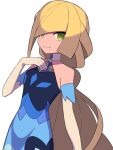  1girl alternate_color bangs bare_shoulders blonde_hair blue_dress choker closed_mouth commentary_request dress elbow_gloves gloves green_eyes hand_up highres long_hair looking_at_viewer lusamine_(pokemon) official_alternate_costume pokemon pokemon_(game) pokemon_masters_ex smile solo tyako_089 white_choker white_gloves 
