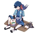  1boy arm_support black_wristband blue_hair blue_jacket blue_kimono closed_eyes falkner_(pokemon) hair_over_one_eye jacket japanese_clothes kimono kneehighs male_focus on_shoulder open_clothes open_jacket parted_lips pokemon pokemon_(creature) pokemon_(game) pokemon_hgss pokemon_on_shoulder rowlet sash shoes short_hair short_sleeves sitting sleeping spread_legs starly taillow tyako_089 white_legwear wristband 