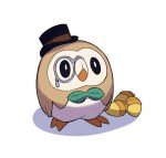  beak black_eyes black_headwear brown_ribbon closed_mouth commentary_request green_ribbon hat hat_ribbon hatted_pokemon looking_up monocle pokemon pokemon_(creature) ribbon rowlet seed standing talons tyako_089 