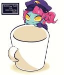  animal_humanoid blue_body blue_skin chibi clothing coffee_mug deltarune ear_fins female fin fish fish_humanoid hair humanoid marine marine_humanoid nuba_ball police_hat police_officer police_uniform pupils red_hair romaji_text simple_background slit_pupils smile solo text translated undertale_(series) undyne uniform video_games yellow_sclera 