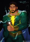  1boy absurdres bara beard black_background bodysuit brown_hair bulge cape closed_mouth cowboy_shot dated dc_comics facial_hair glowing green_bodysuit hair_strand highres large_pectorals lightning_bolt_print lightning_bolt_symbol looking_at_viewer male_focus mature_male muscular muscular_male pectorals pedro_pena powerlesssong shazam_(movie) short_hair signature solo superhero thick_thighs thighs thumbs_up undercut white_cape 