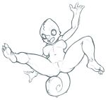  3_toes 4_fingers anthro anus barefoot big_breasts big_eyes breasts chameleon claws croxot curled_tail feet female fingers genitals horn lizard navel non-mammal_breasts nude open_mouth pussy reptile scalie simple_background sketch smile solo spread_legs spreading toe_claws toes white_background 
