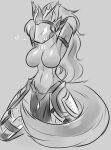  &lt;3 anthro armor astirix_(snowhunter) bottomwear breasts clothing female fluffy fluffy_tail greyscale hands_behind_back loincloth machine monochrome pose protogen seductive solo tetsushi tongue tongue_out visor 