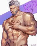  1boy abs bara beard closed_mouth facial_hair highres ina_zuma jewelry male_focus mature_male muscular muscular_male necklace pectorals purple_eyes scar scar_on_chest sidecut simple_background solo vyron_(world_flipper) world_flipper 