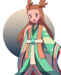  1girl :d brown_eyes brown_hair commentary_request eyelashes green_kimono hair_bobbles hair_ornament hand_up highres japanese_clothes jasmine_(pokemon) kimono long_hair long_sleeves looking_at_viewer official_alternate_costume open_mouth pokemon pokemon_(game) pokemon_masters_ex sash smile solo tongue two_side_up tyako_089 wide_sleeves 