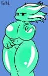  big_breasts black_eyes breasts featureless_breasts female foxbl goo_creature goo_humanoid green_body green_hair hair hand_on_breast hi_res humanoid navel simple_background smile solo thick_thighs 