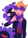  1boy :d bangs black_sweater blonde_hair commentary_request gastly hand_up highres long_sleeves looking_at_viewer male_focus morty_(pokemon) open_mouth pokemon pokemon_(creature) pokemon_(game) pokemon_hgss purple_eyes purple_headband purple_scarf scarf short_hair smile sweater translation_request tyako_089 
