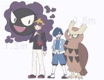  2boys bangs black_sweater black_wristband blonde_hair blue_hair blue_jacket blue_kimono commentary_request falkner_(pokemon) gastly hair_over_one_eye hakama hakama_pants height height_difference highres jacket japanese_clothes kimono kneehighs long_sleeves male_focus morty_(pokemon) multiple_boys noctowl open_clothes open_jacket pants pokemon pokemon_(creature) pokemon_(game) pokemon_hgss purple_headband purple_scarf ribbed_sweater sash scarf shoes short_hair short_sleeves smile standing sweater tyako_089 white_legwear white_pants wristband 