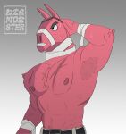  absurd_res anthro armpit_hair bandage belt bodily_fluids body_hair camelid clothed clothing diamobster digital_media_(artwork) epic_games eye_patch eyewear fortnite fur hair hand_behind_head hi_res llama lt._john_llama male mammal nipples pants_down partially_clothed scar shirtless simple_background solo sweat sweatdrop video_games 