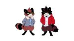  2021 anthro biped black_body black_nose brown_body canid canine clothing curry_(copyright) curry_(parker_simmons) cute_fangs duo hi_res mammal parker_simmons raccoon_dog rizo_(parker_simmons) simple_background sweater tanuki topwear white_background white_body 