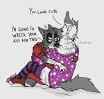  anthro canid canine canis clothed clothing crossdressing cuddling domestic_dog dress duo embrace eyes_closed footwear hug hyaenid knee_highs legwear male male/male mammal ricthecusco silly size_difference skinny socks striped_hyena thigh_highs thigh_socks 