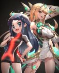  2girls aegis_sword_(xenoblade) bangs bare_shoulders blonde_hair breasts chest_jewel cleavage cleavage_cutout clothing_cutout dawn_(pokemon) dress earrings elbow_gloves gloves gonzarez highres jewelry large_breasts long_hair multiple_girls mythra_(xenoblade) namesake pokemon short_dress swept_bangs tiara very_long_hair white_dress white_gloves xenoblade_chronicles_(series) xenoblade_chronicles_2 yellow_eyes 