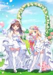 2girls arch blonde_hair blue_bow blue_eyes blue_hair bow braid bridal_veil brown_eyes brown_hair cloud commentary_request day detached_sleeves dress flower frilled_dress frills garter_straps high_heels layered_dress long_hair multiple_girls original outdoors pan_(mimi) petals pink_flower pink_rose pleated_dress puffy_short_sleeves puffy_sleeves rose sample see-through shoes short_sleeves single_braid skindentation standing standing_on_one_leg strapless strapless_dress stuffed_animal stuffed_bunny stuffed_toy thighhighs two_side_up veil wedding_dress white_dress white_flower white_footwear white_legwear white_rose white_sleeves 