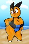  2021 absurd_res anthro beach belly big_breasts breast_squish breasts brown_eyes cleavage cleavage_overflow clothed clothing curvy_figure detailed_background digital_media_(artwork) eyelashes fangs feet female fingers hand_on_hip hi_res huge_breasts mammal marigold_(someth1ngoranother) nintendo one-piece_swimsuit orange_body orange_skin pignite pok&eacute;mon pok&eacute;mon_(species) sea seaside slightly_chubby smile solo someth1ngoranother squish standing suina swimwear teeth thick_thighs video_games voluptuous water wide_hips 