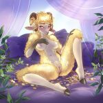  anthro bed blonde_hair bovid breasts caprine clitoris coin curtains ear_tag eighthsun female fur furniture genitals gold_(metal) gold_coin hair hi_res looking_at_viewer mammal nipples nude plant pubes pussy sheep solo spread_legs spread_pussy spreading yellow_body yellow_eyes yellow_fur 