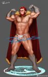  1boy absurdres armor armpits bara bare_shoulders beard biceps bulge cape closed_eyes commission dark-skinned_male dark_skin facial_hair fate/grand_order fate/zero fate_(series) flexing full_body fundoshi fur-trimmed_cape fur_trim highres iskandar_(fate) japanese_clothes large_pectorals leather male_focus male_underwear mature_male muscular muscular_male no_pants pectorals petrification pose powerlesssong red_cape red_hair see-through short_hair sidepec solo topless_male underwear watermark wet wet_clothes wet_male_underwear white_male_underwear 