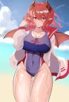  absurdres ankh_man beach breasts cleavage competition_swimsuit covered_navel demon_girl eyebrows_visible_through_hair guardian_tales hand_in_hair highres horns large_breasts lifeguard_yuze looking_at_viewer one-piece_swimsuit open_clothes pointy_ears red_eyes red_hair red_wings short_hair swimsuit thighs water wet wings 