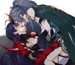  2girls armor black_gloves blue_hair blush cape french_kiss fu_hua fu_hua_(azure_empyrea) girl_on_top gloves green_cape hands_on_another&#039;s_chest honkai_(series) honkai_impact_3rd horns kiss long_hair looking_at_another multiple_girls negom ponytail purple_hair raiden_mei raiden_mei_(herrscher_of_thunder) red_horns saliva simple_background tongue tongue_out white_background yuri 