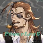  1boy bara beard blue_eyes brown_hair collared_shirt eugen_(granblue_fantasy) eyepatch face facial_hair granblue_fantasy highres long_hair looking_at_viewer male_focus mature_male mustache pectoral_cleavage pectorals pipe portrait powerlesssong shirt smile smoking solo thick_eyebrows weibo_logo weibo_username 