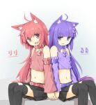  2girls animal_ears back-to-back bare_shoulders black_legwear black_skirt character_request collar copyright_request eyebrows_visible_through_hair hair_ornament highres long_hair looking_at_viewer multiple_girls navel open_mouth pink_eyes purple_eyes purple_hair red_hair simple_background sitting skirt tail thighhighs ymnhsi zettai_ryouiki 