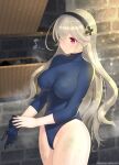  1girl alternate_costume bangs breasts corrin_(fire_emblem) corrin_(fire_emblem)_(female) covered_nipples fire_emblem fire_emblem_fates gloves hairband halterneck happy highleg highleg_leotard kashiwamochi_yomogi large_breasts leotard red_eyes shiny shiny_skin silver_hair skin_tight skindentation smile solo stone_wall thick_thighs thighs wall window 